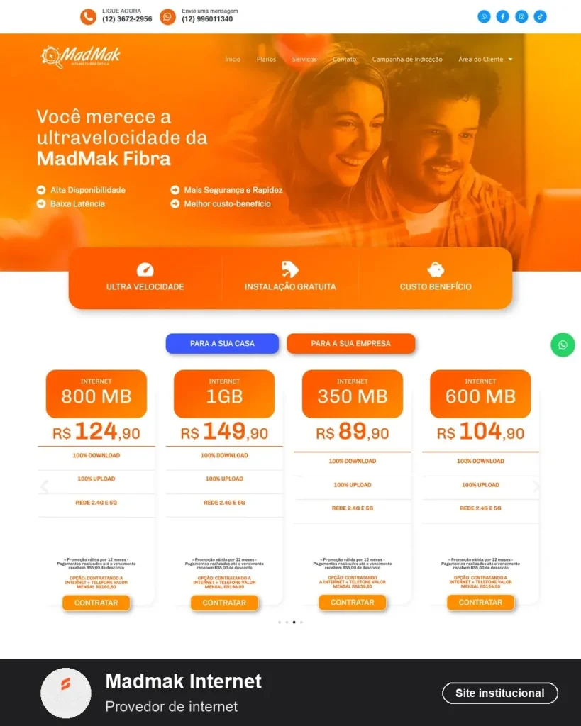 Site da MadMak Fibra (internet por fibra óptica) criado pela Eleve Websites em Taubaté