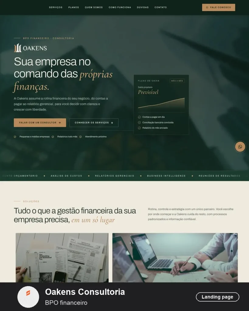 Site da Oakens Consultoria (BPO financeiro para empresas) criado pela Eleve Websites em Taubaté