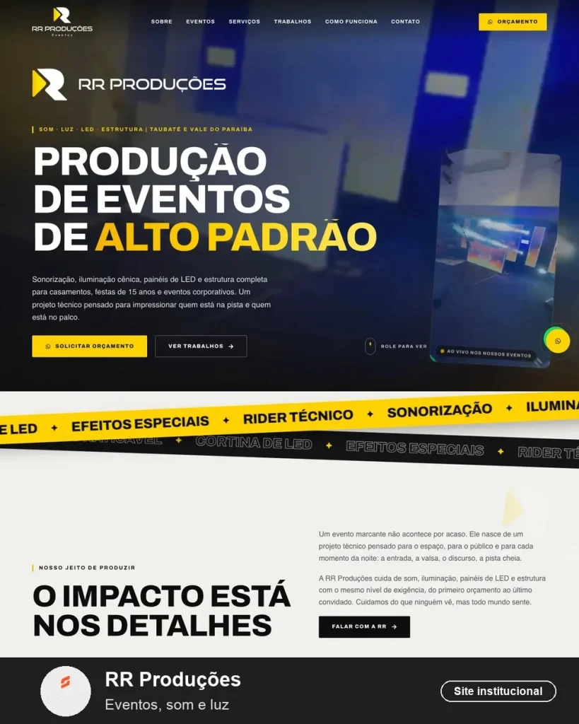 Site da RR Produções (eventos com som, luz e LED) criado pela Eleve Websites em Taubaté