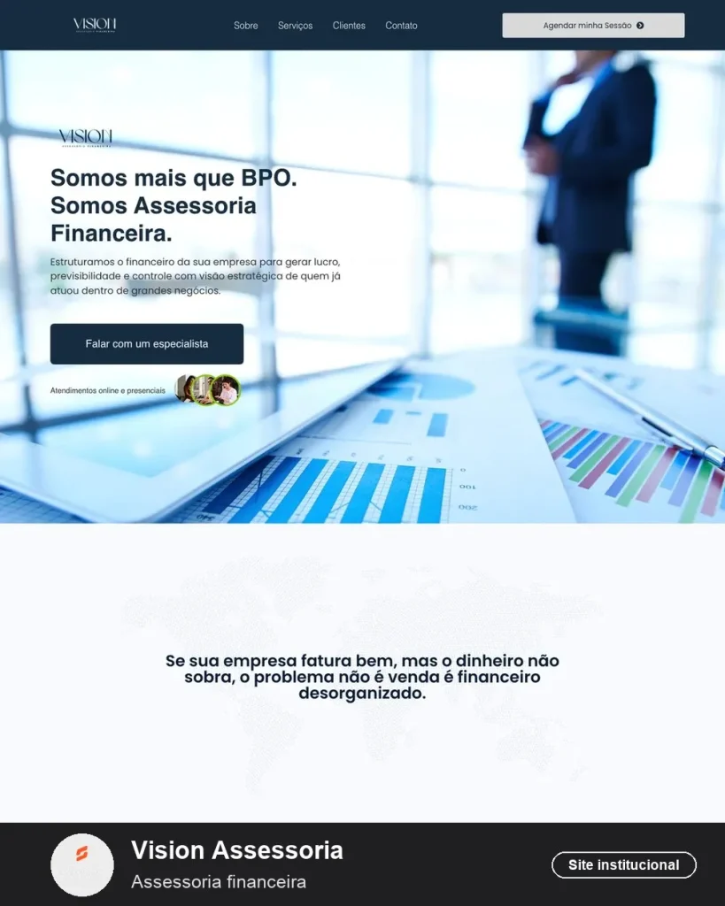 Site da Vision Assessoria Financeira (assessoria financeira e BPO financeiro) criado pela Eleve Websites em Taubaté