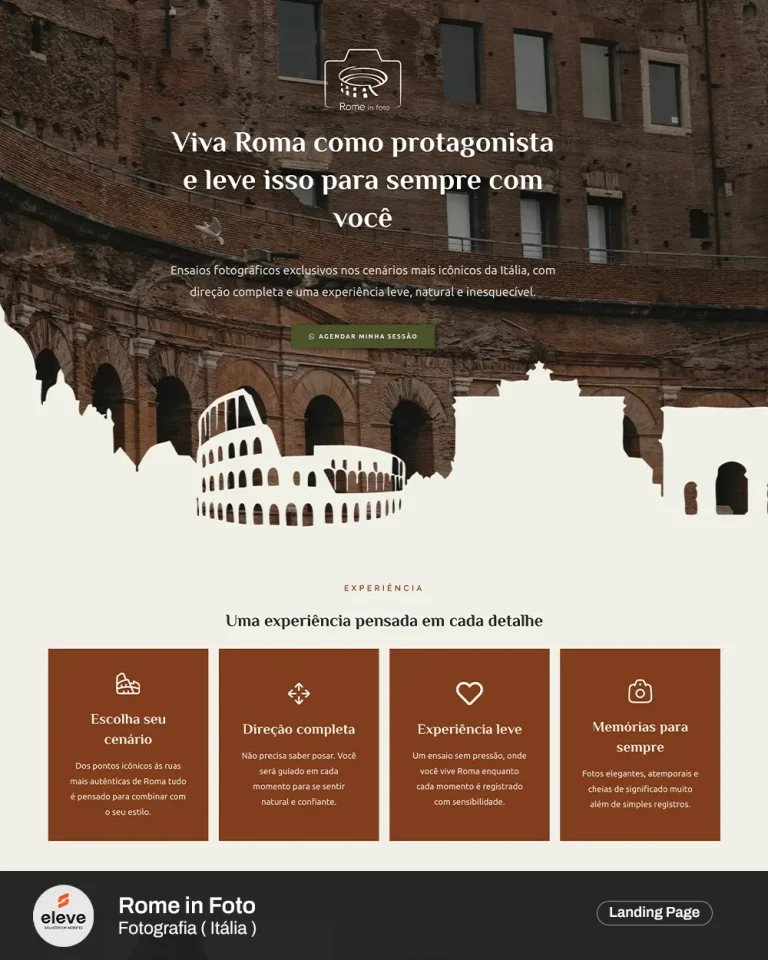 Landing page da Rome in Foto (fotografia) criado pela Eleve Websites em Taubaté