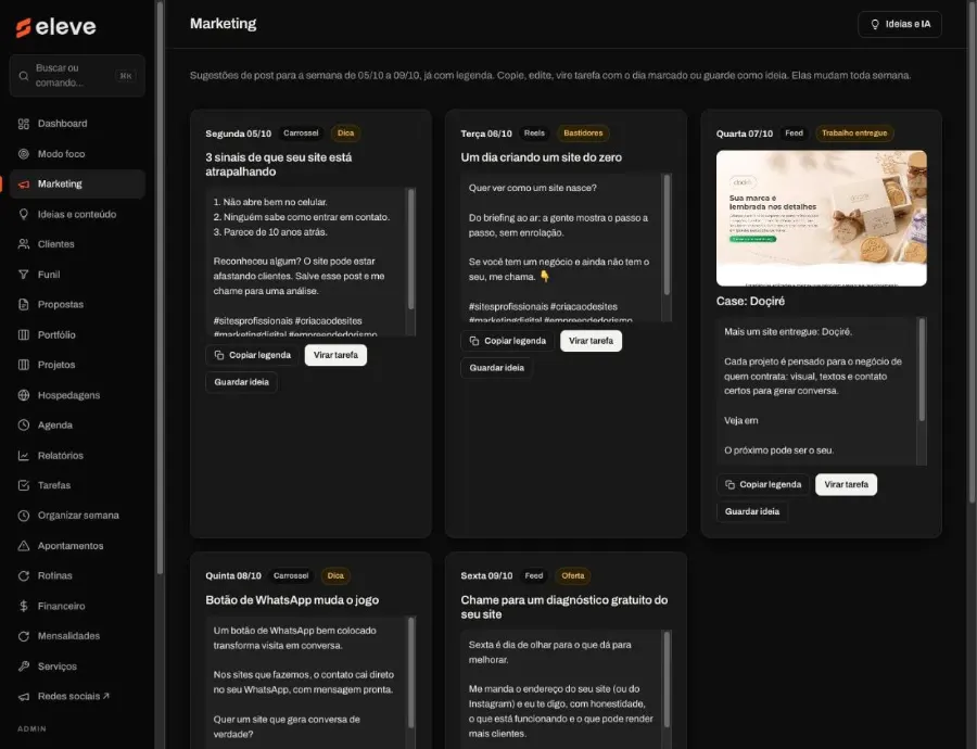 CRM Eleve · Marketing: Ideias e conteúdo da semana, sistema personalizado criado pela Eleve Websites